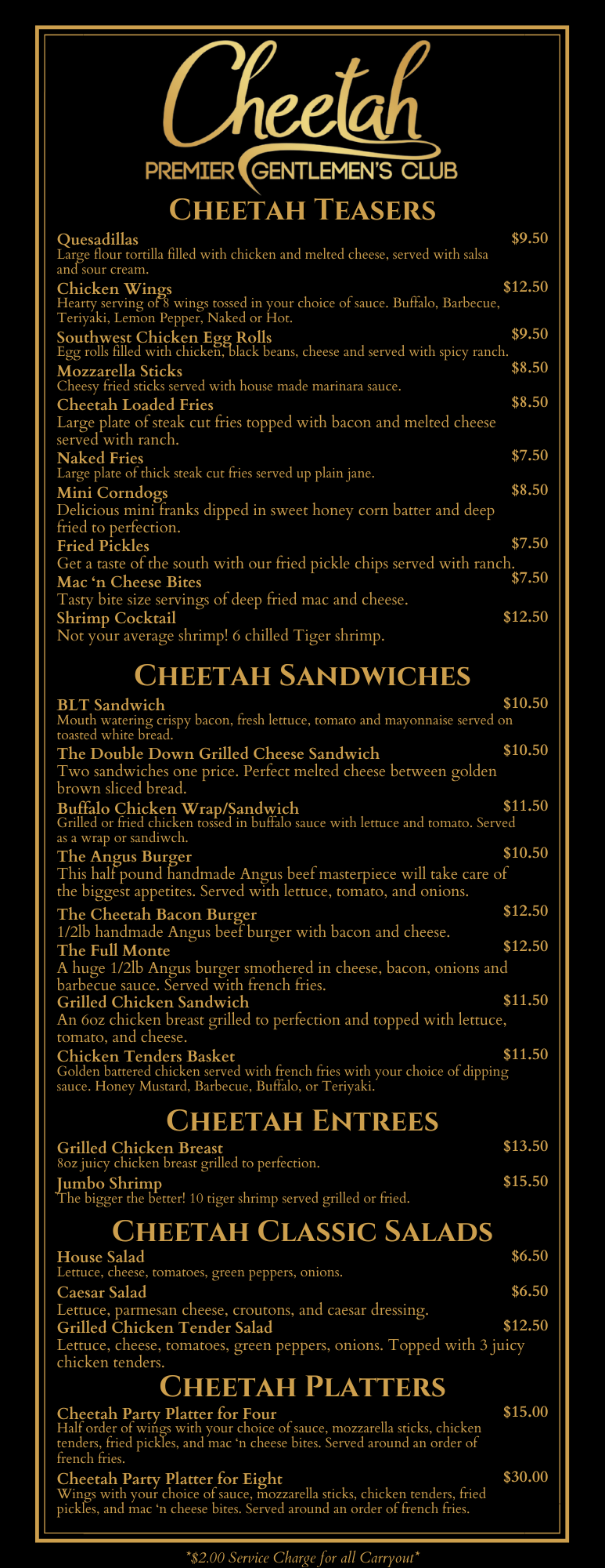 Cheetah Raleigh food menu